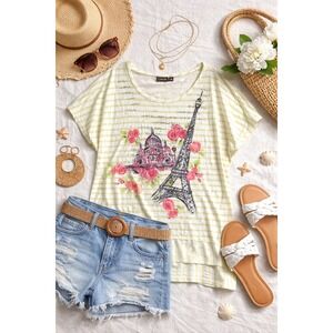 Onque Casual Paris Eiffel Tower Striped Rhinestone Graphic Top Lime Green 3X